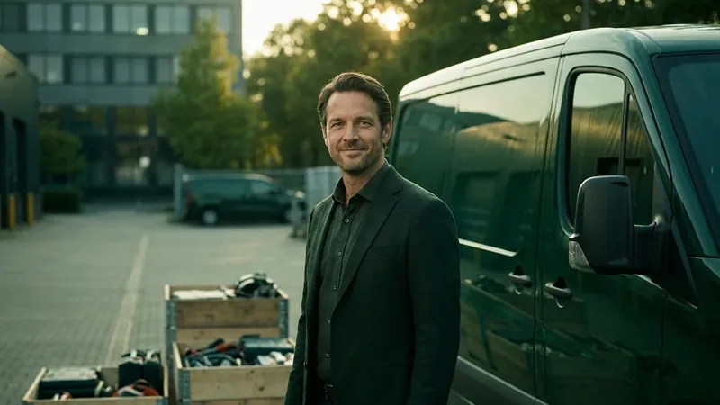 Small business owner standing beside their commercial truck and business equipment