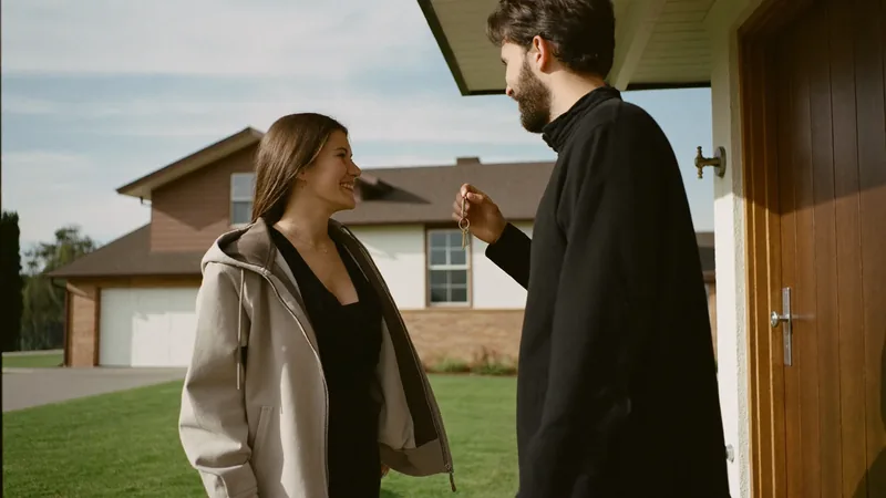 A woman being handed the keys at the front door of a house