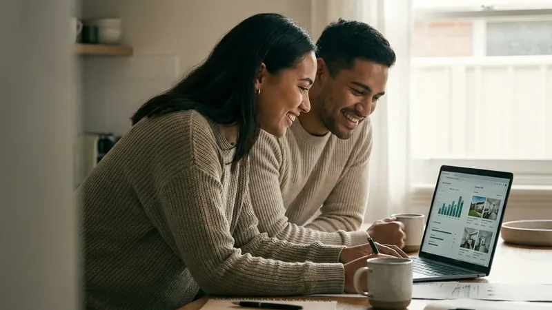 A couple at their kitchen bench looking over figures on a laptop