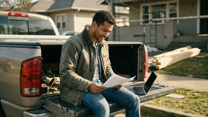 Self-employed builder reviewing paperwork at his work ute on a job site