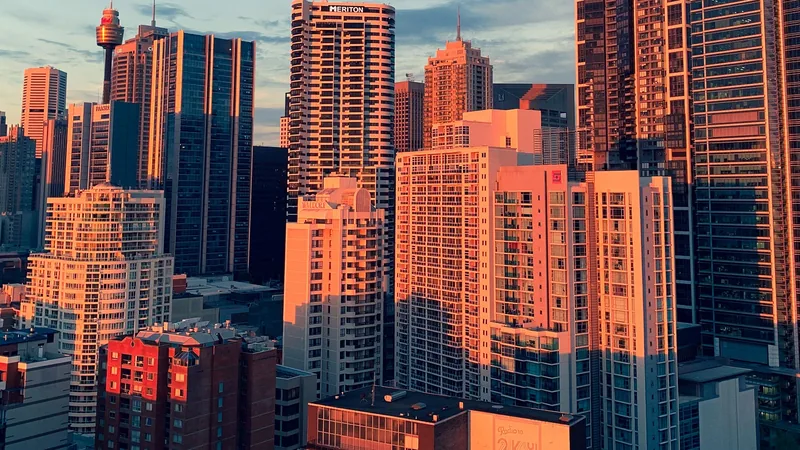 City high-rise buildings at sunset