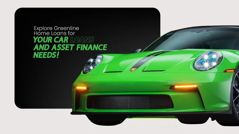 A green sports car beside the words: explore Greenline Home Loans for your car loan and asset finance needs