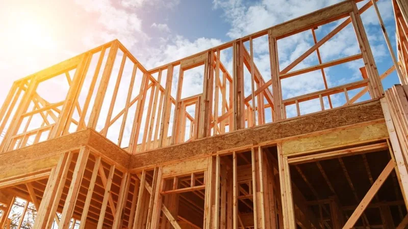 The timber frame of a house under construction against a bright sky