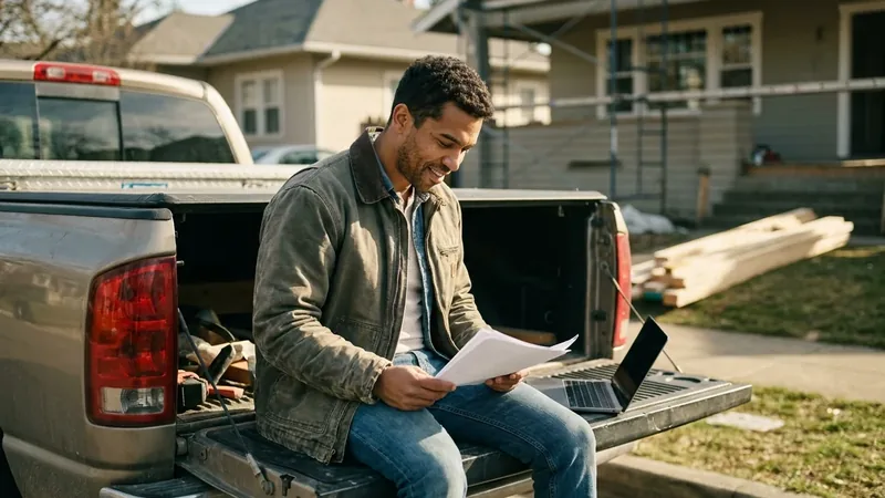 A self-employed builder going through paperwork at a worksite table