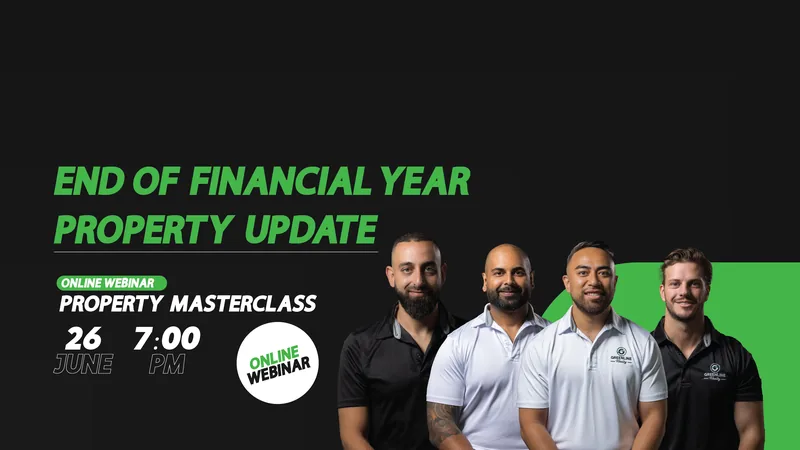Poster for the online property masterclass webinar, End of Financial Year Property Update, 26 June at 7 pm, with four Greenline presenters