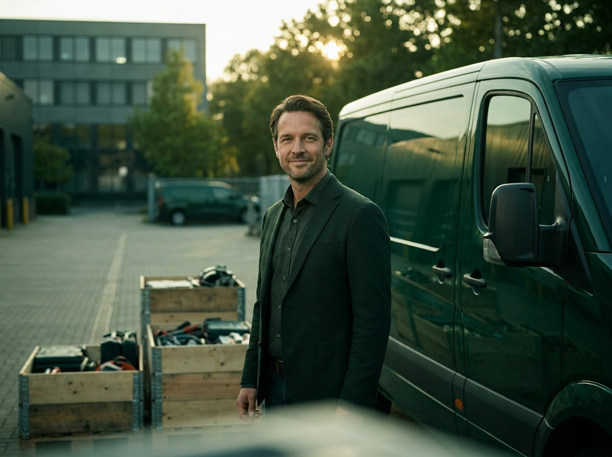 Small business owner standing beside their commercial truck and business equipment