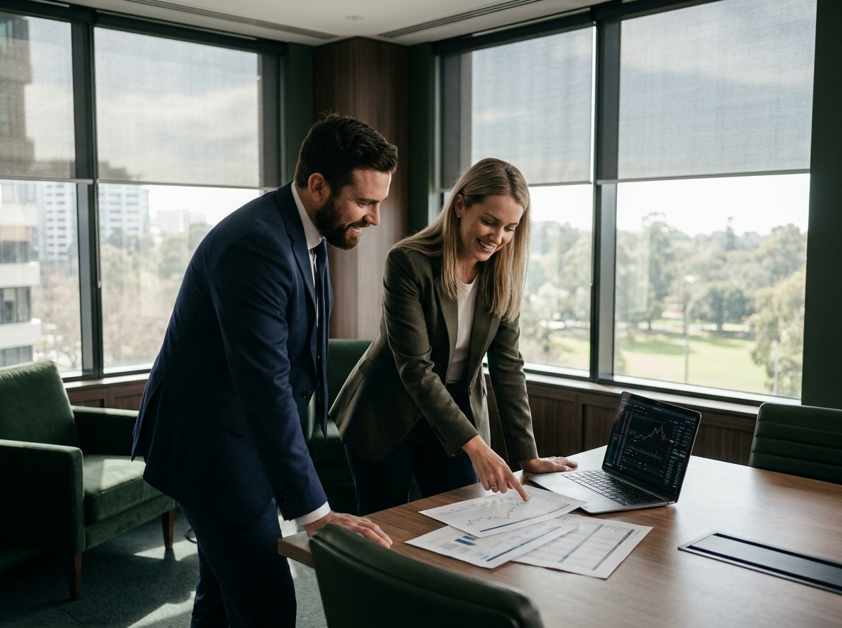 Two Greenline mortgage brokers collaborating on a loan deal in the office
