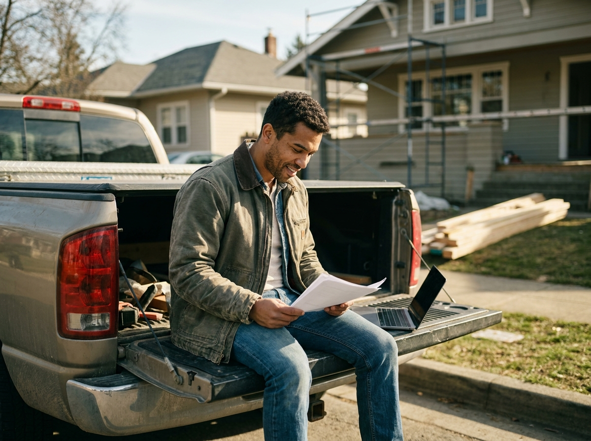Self-employed builder reviewing paperwork at his work ute on a job site