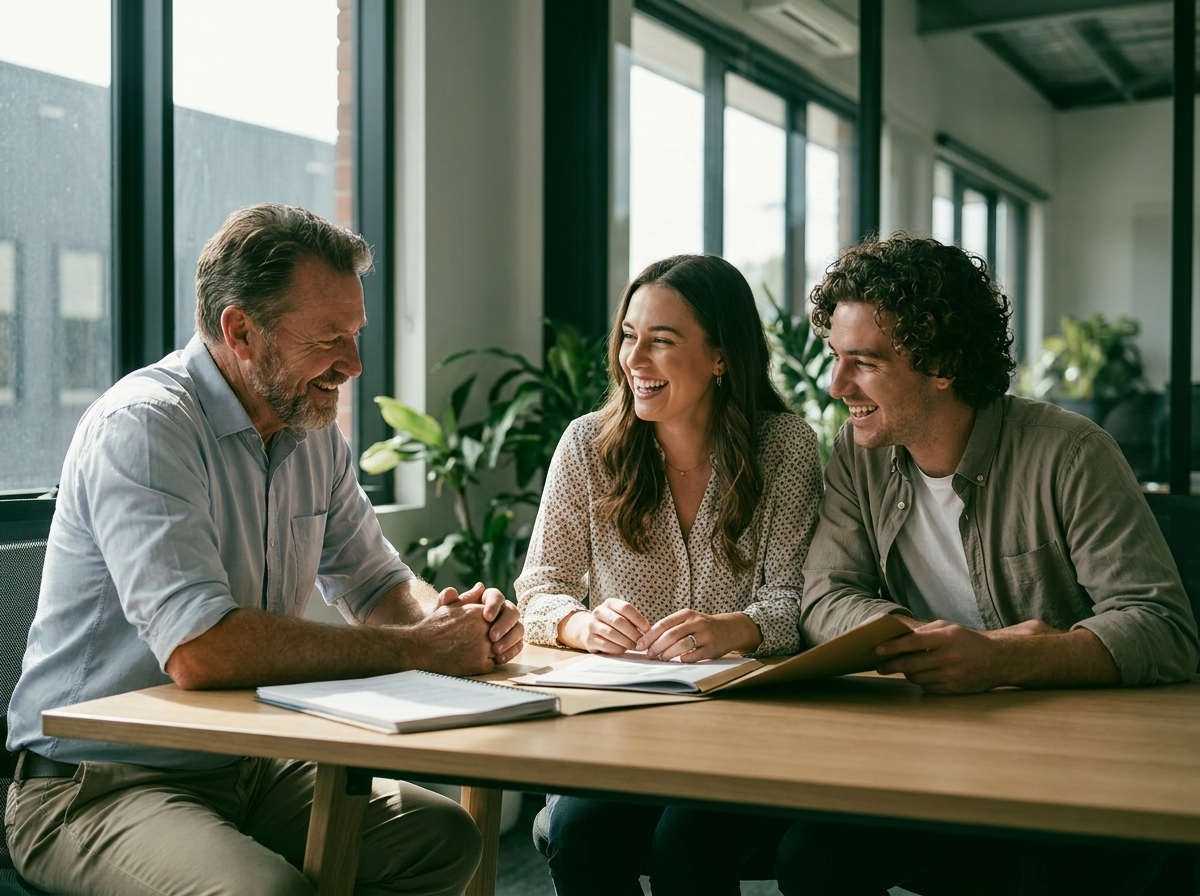 A Greenline mortgage broker helping a happy couple review their home loan options
