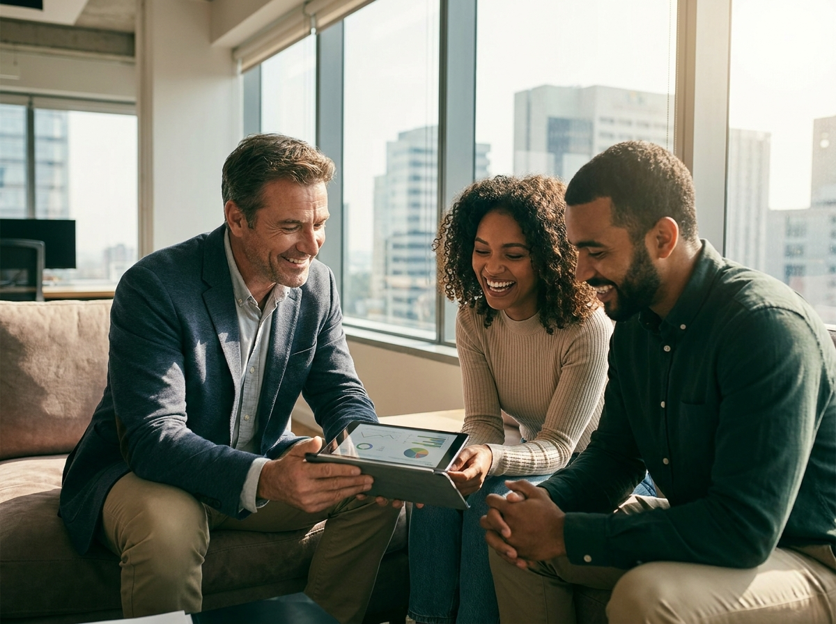 A Greenline mortgage broker guiding a happy couple through their loan options